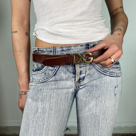 Vintage 2000's Dolce & Gabbana Brown Thin Belt with Brass D&G Buckle