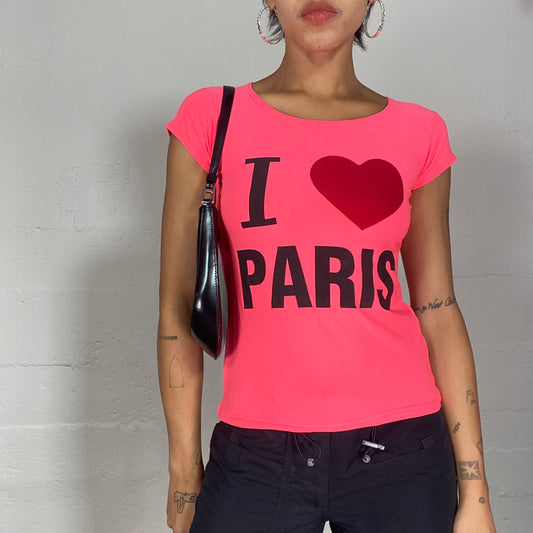 Vintage 2010's Sleaze Neon Pink Top with "I <3 Paris" Print (S/M)