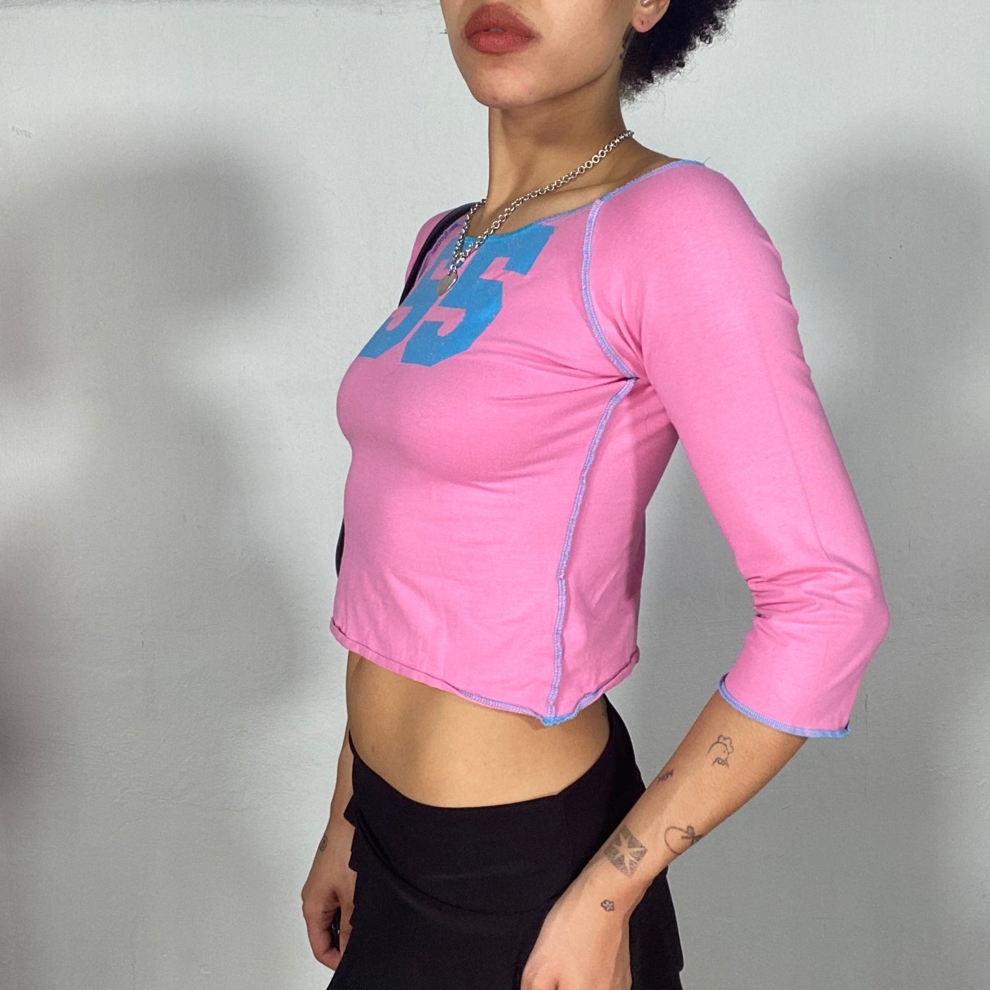 Vintage 2000's Skater Pink Midii Sleeve Top with Blue Stitching and '55' Print (S)