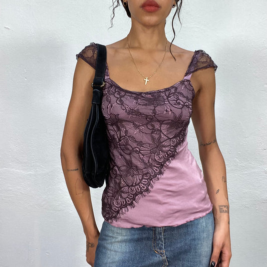 Vintage 90's Romantic Pale Lilac Silky Top with Brown Lace Detail (S/M)