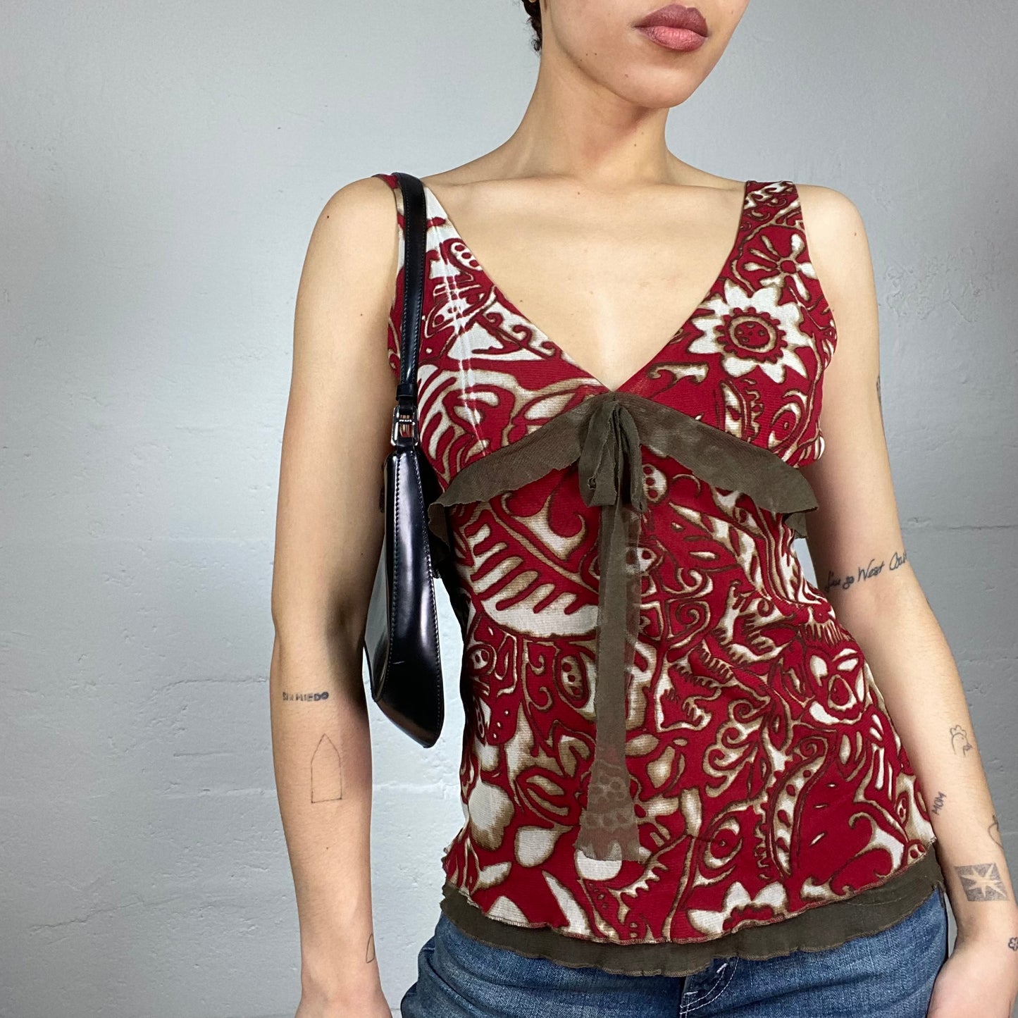 Vintage 2000's Sade Girl Beige Top with Garnet Floral Print (S)