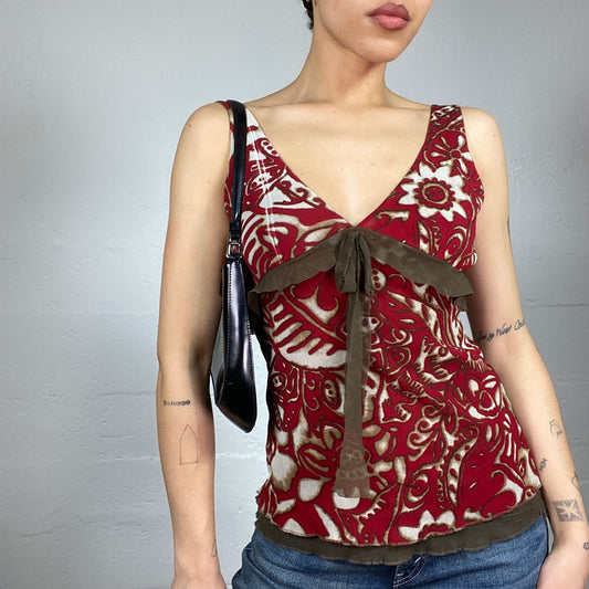 Vintage 2000's Sade Girl Beige Top with Garnet Floral Print (S)