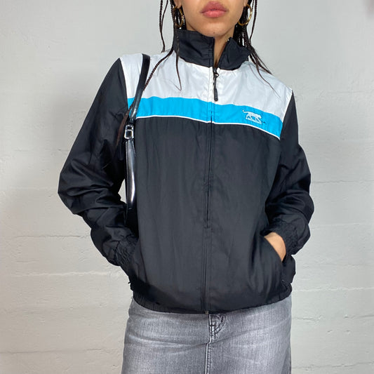 Vintage 2000's Airness Sporty Black and Blue Zip Up Oversized Track Jacket with Back Logo Print (M)