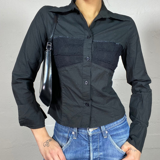 Vintage 2000's Vampy Black Button Up Shirt with Laced Chest Detail (S)