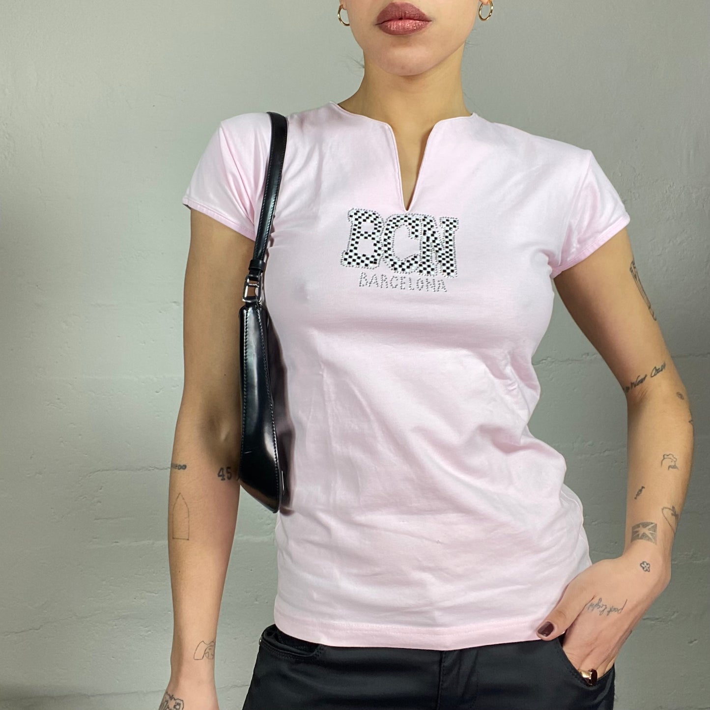 Vintage 90's College Girl Pink Top with "BCN" Strass Print (M)