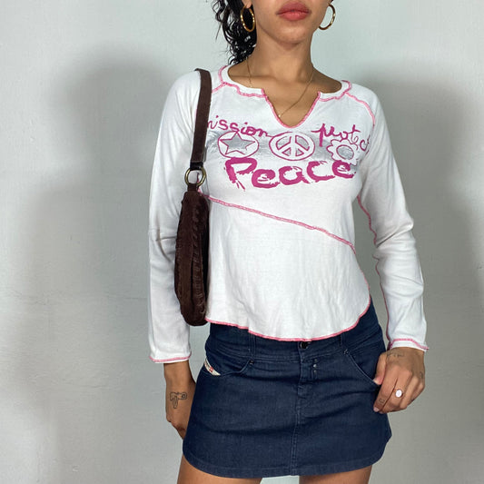 Vintage 90's Downtown Girl White Longsleeve Top with Pink Print and Split Crew Neck (M)