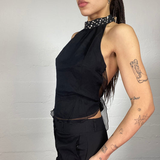 Vintage 2000's Clubwear Black Rhinestones Highneck Top with Open Back Detail (S/M)