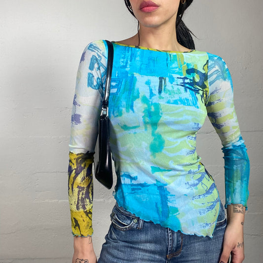 Vintage 2000's Funky Girl Blue and Yellow Asymmetric Longsleeve Top with Abstract Painting Print (S)