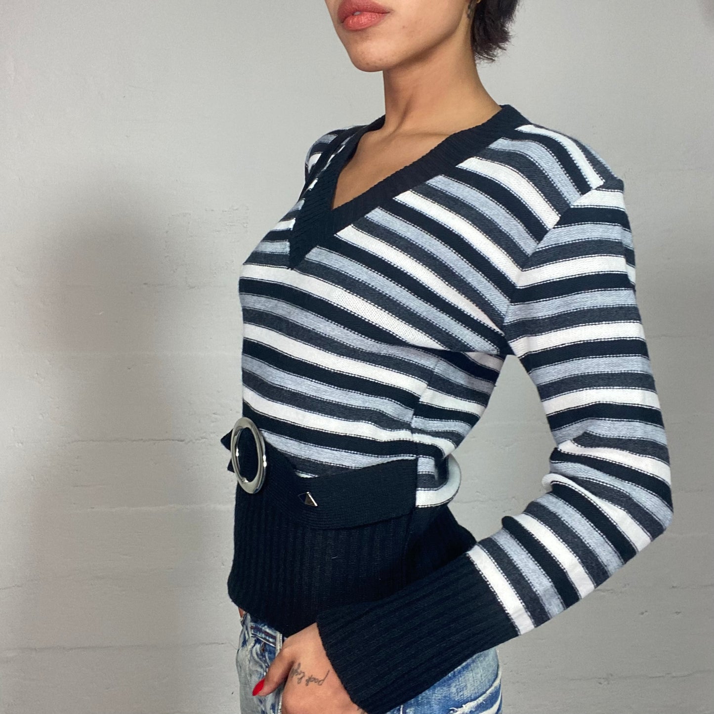 Vintage 90's Rachel Green Grey and Black Sweater with Stripes and Buckle Detail (S/M)