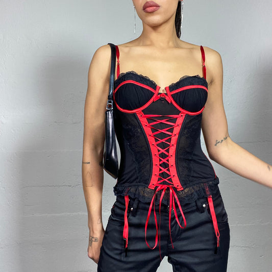 Vintage 90's Whimsigoth Black and Red Corset Top with Decorative Lace Up and Cup Trim Detail (S)