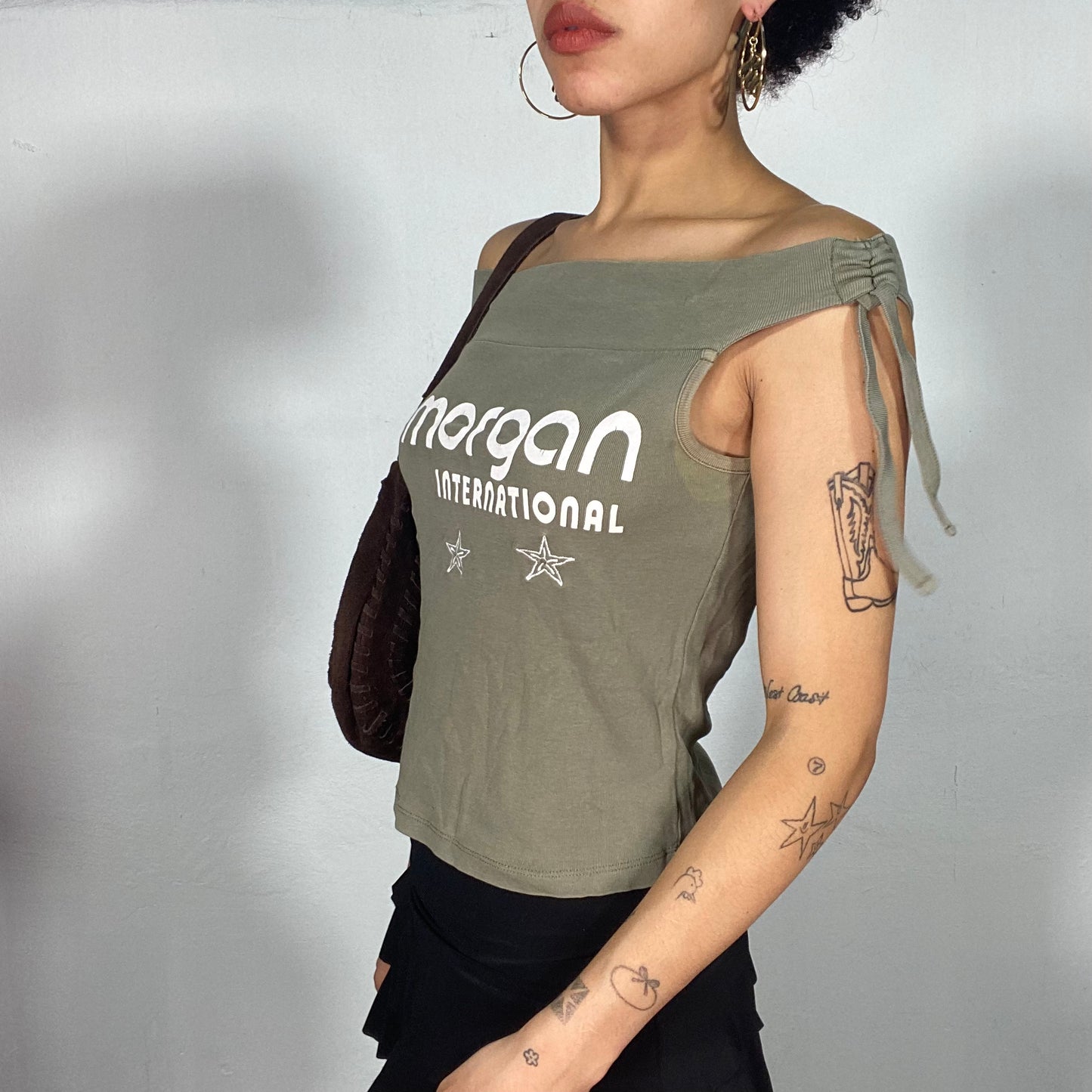 Vintage 2000's Skater Khaki Green Off Shoulder 'H.Morgan' Top (S)