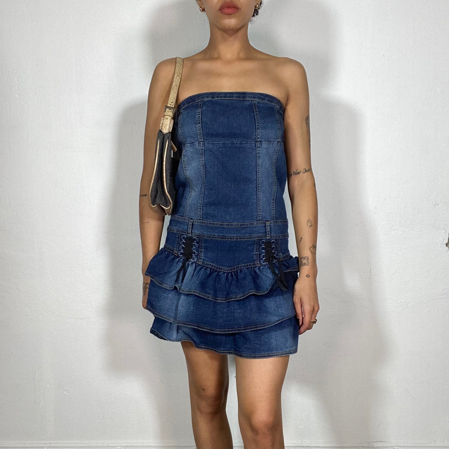 Vintage 2000's Sleaze Strapless Denim Dress with Lace Up Details (S/M)