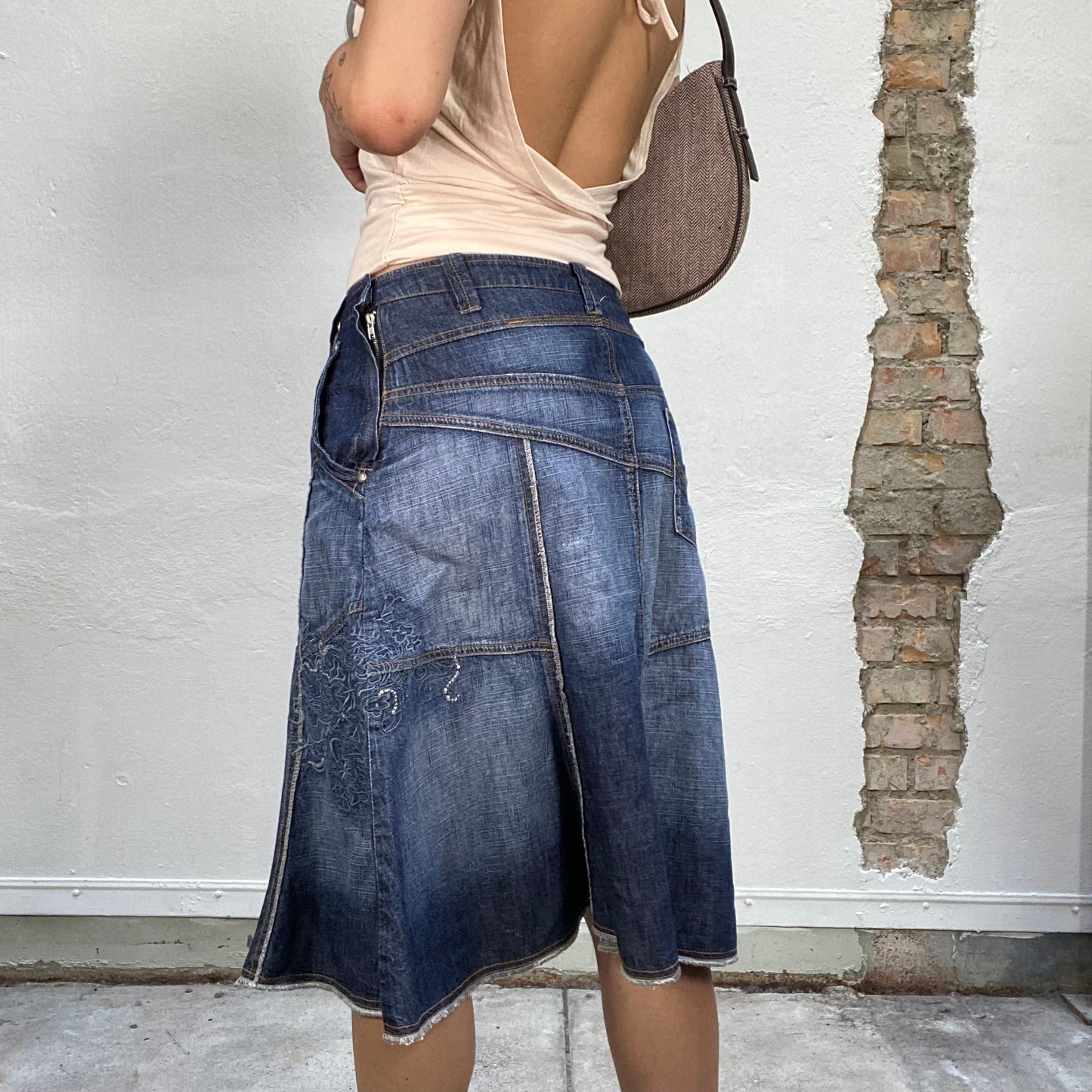 Vintage 90's Downtown Girl Deconstructed Denim Skirt with Side Embroidery Detail (S)