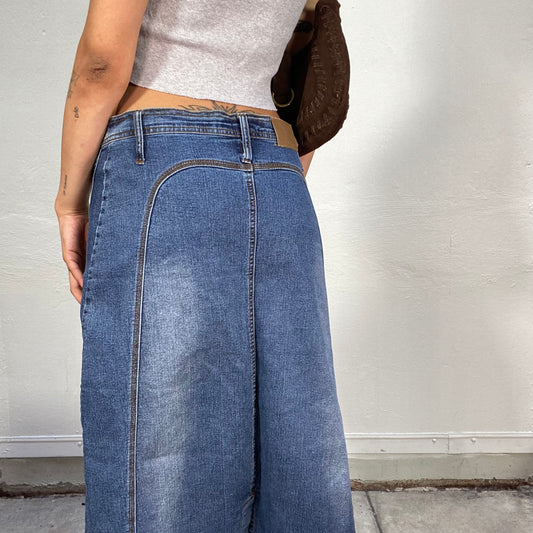 Vintage 2000's Cow-Girl Denim Maxi Skirt with Brown Tie Detail (M/L)