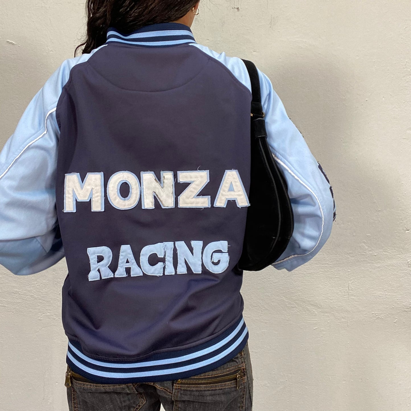 Vintage 90's Monza Racers Sporty Blue Zip Up Sweater with Logo Patch Detail (XL)