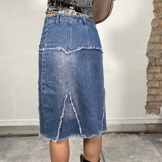 Vintage 2000's Western Denim Midi Skirt with Raw Hem and Lace Up Detail (S/M)