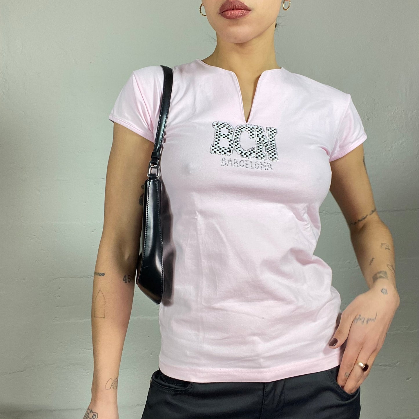 Vintage 90's College Girl Pink Top with "BCN" Strass Print (M)