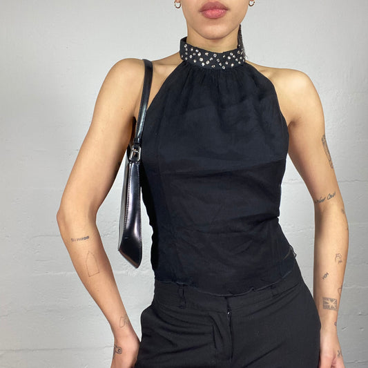 Vintage 2000's Clubwear Black Rhinestones Highneck Top with Open Back Detail (S/M)