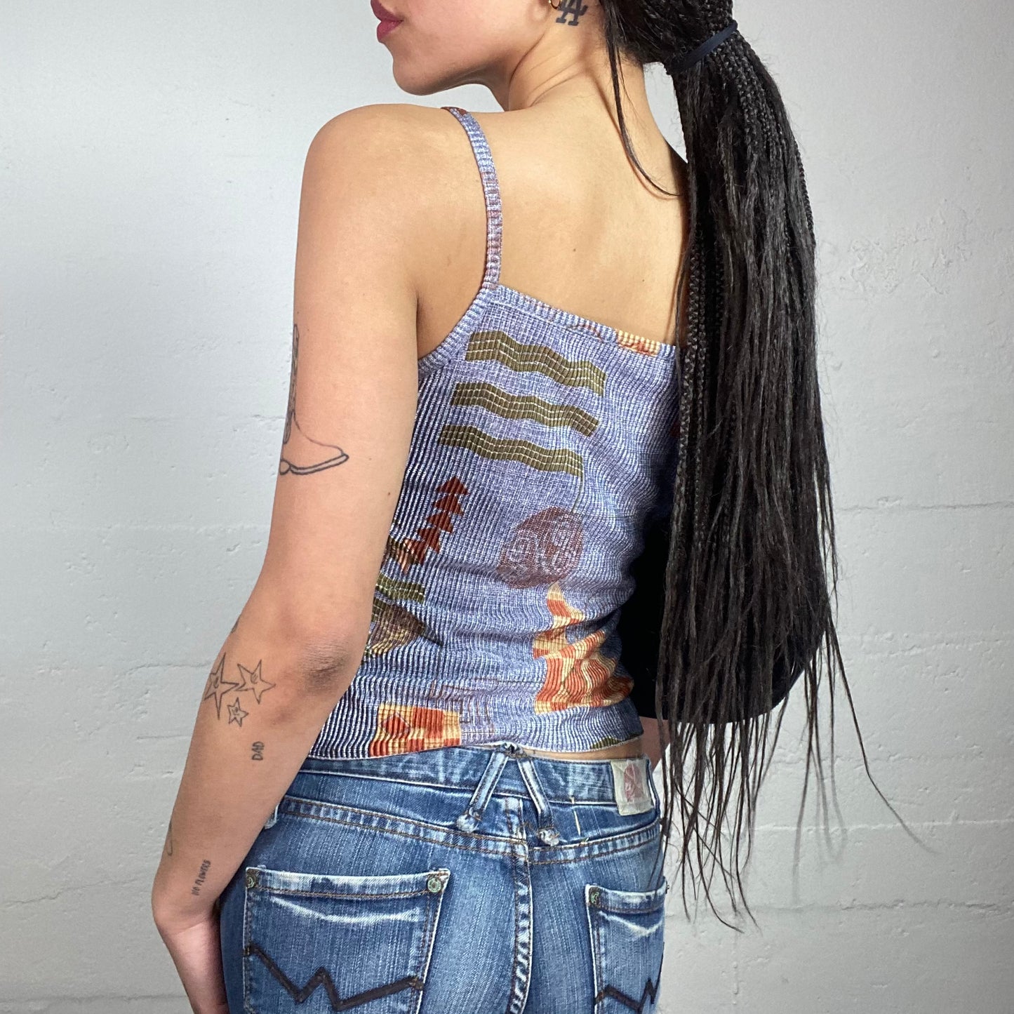 Vintage 2000's Boho Blue Maille Top with Ethnic Print (S)