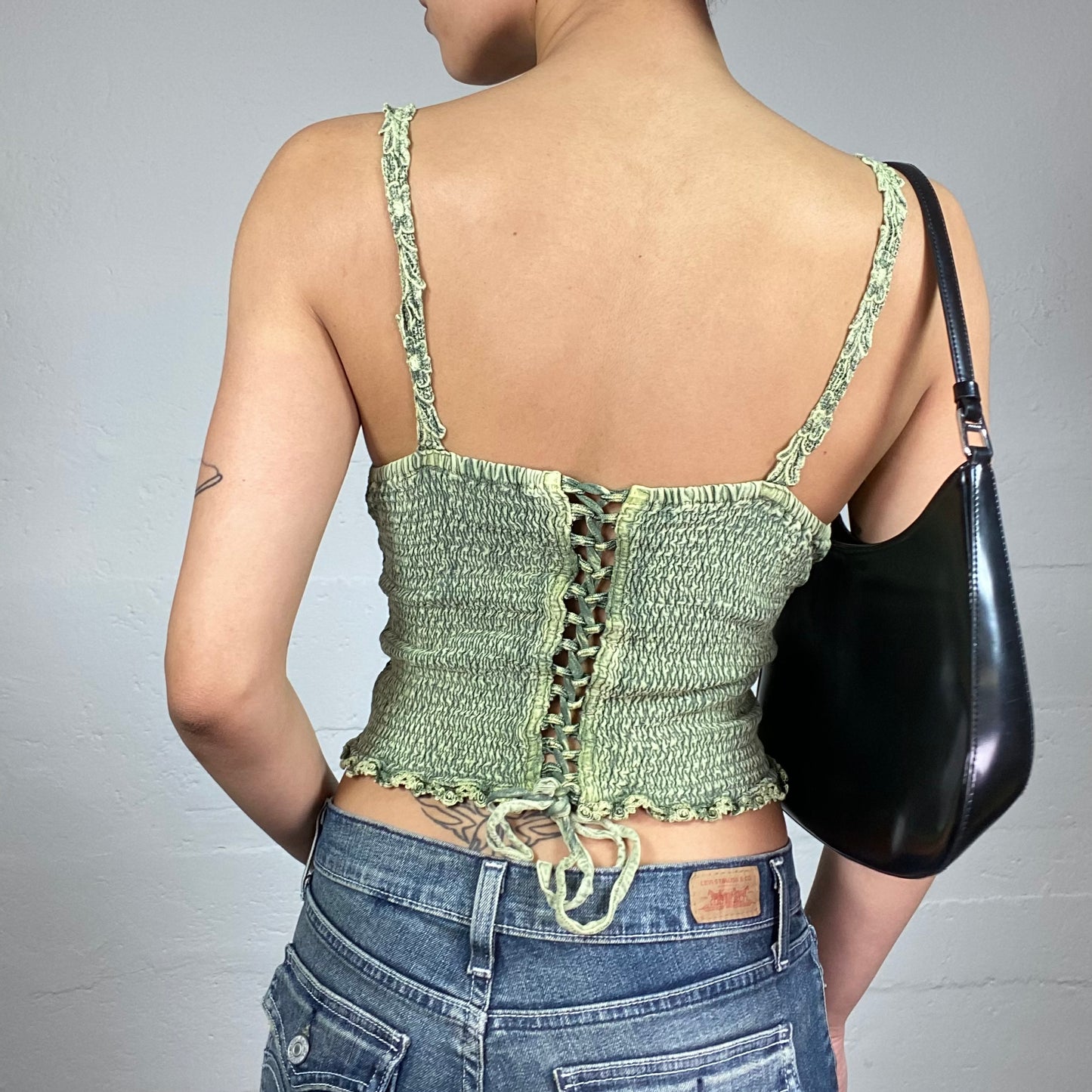 Vintage 2000's Indie Girl Green Corset Top with Floral Lace and Tie Detail (S)