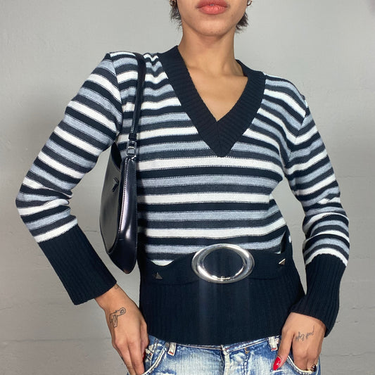 Vintage 90's Rachel Green Grey and Black Sweater with Stripes and Buckle Detail (S/M)