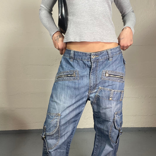 Vintage 90s Rave Girl Denim Cargo Oversize Pants with Big Pockets and Zips Detail (L)