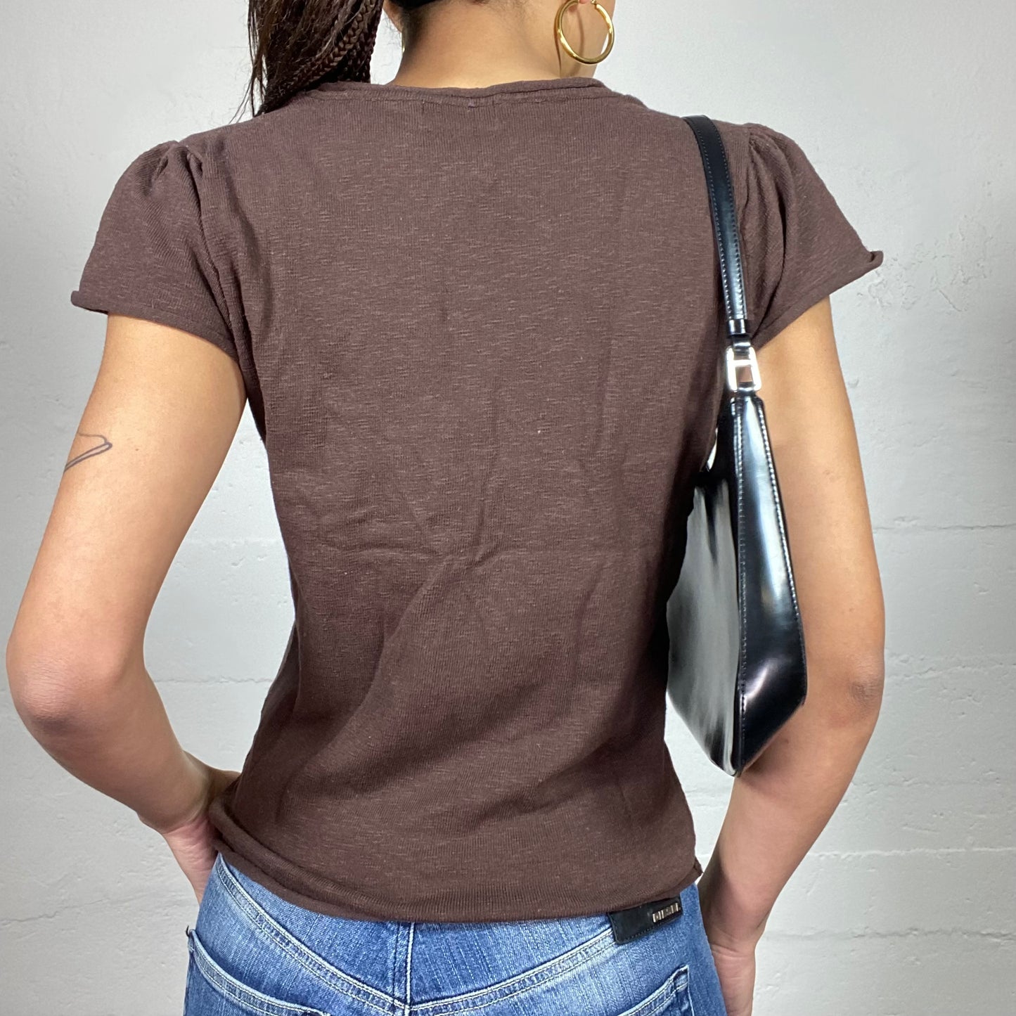 Vintage 90's Downtown Girl Brown Top with White Blouse Collar Detail (M)