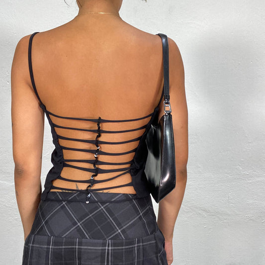 Vintage 90's Rave Black Top with Open Back Strips Detail (S/M)