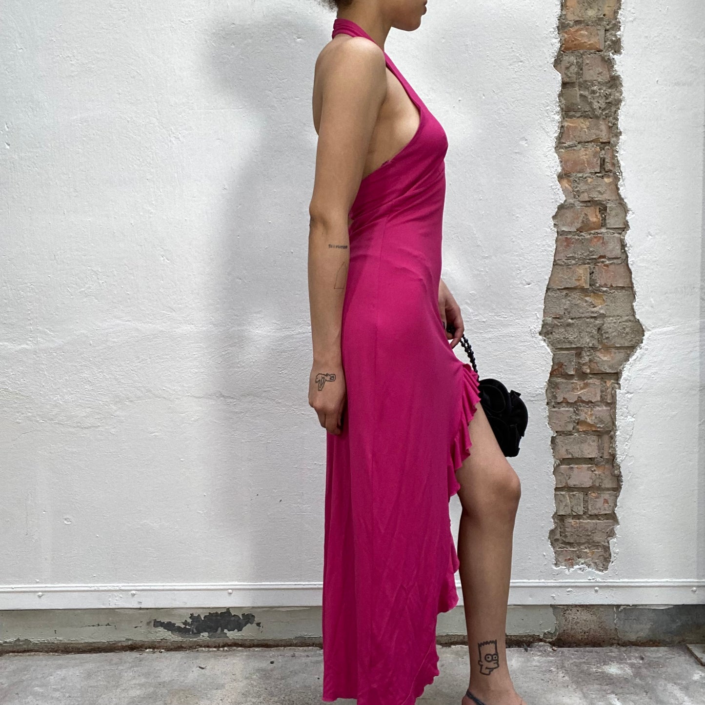 Vintage 2000's Festive Magenta Halter Neck Dress with Side Slit (S/M)