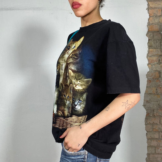 Vintage 90's Streetstyle Black Shirt with Kitten Print (L)