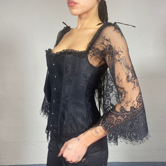 Vintage 90's Vampy Goth Black Corset Top with Mesh Laced Longsleeves Detail (S)