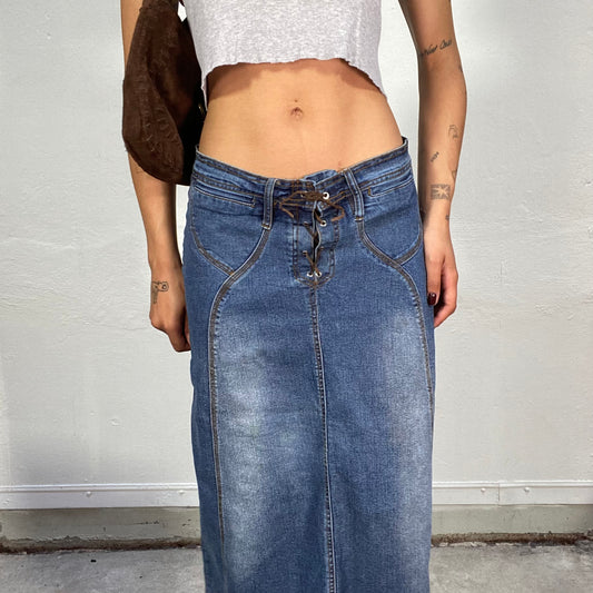 Vintage 2000's Cow-Girl Denim Maxi Skirt with Brown Tie Detail (M/L)