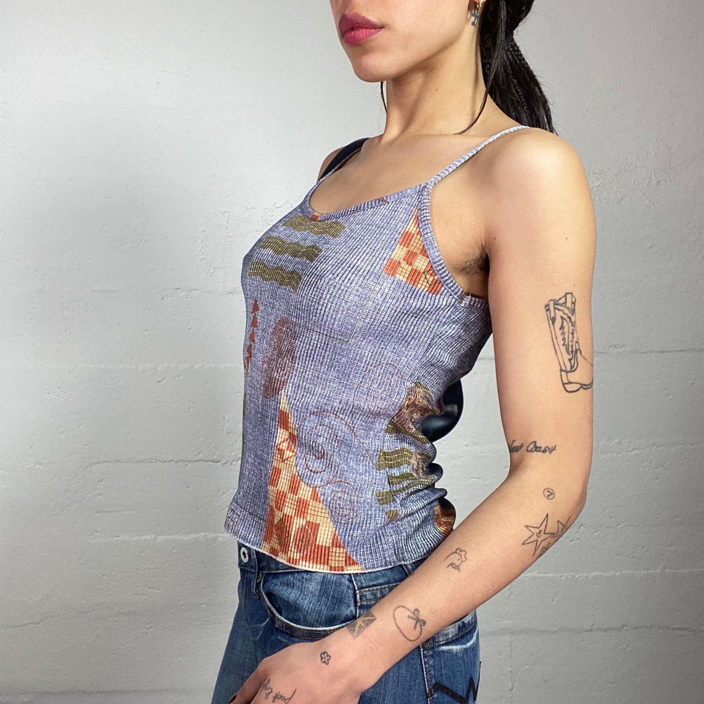 Vintage 2000's Boho Blue Maille Top with Ethnic Print (S)