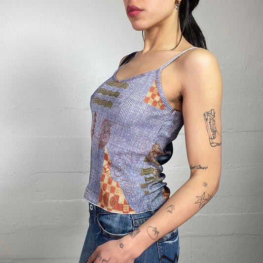 Vintage 2000's Boho Blue Maille Top with Ethnic Print (S)