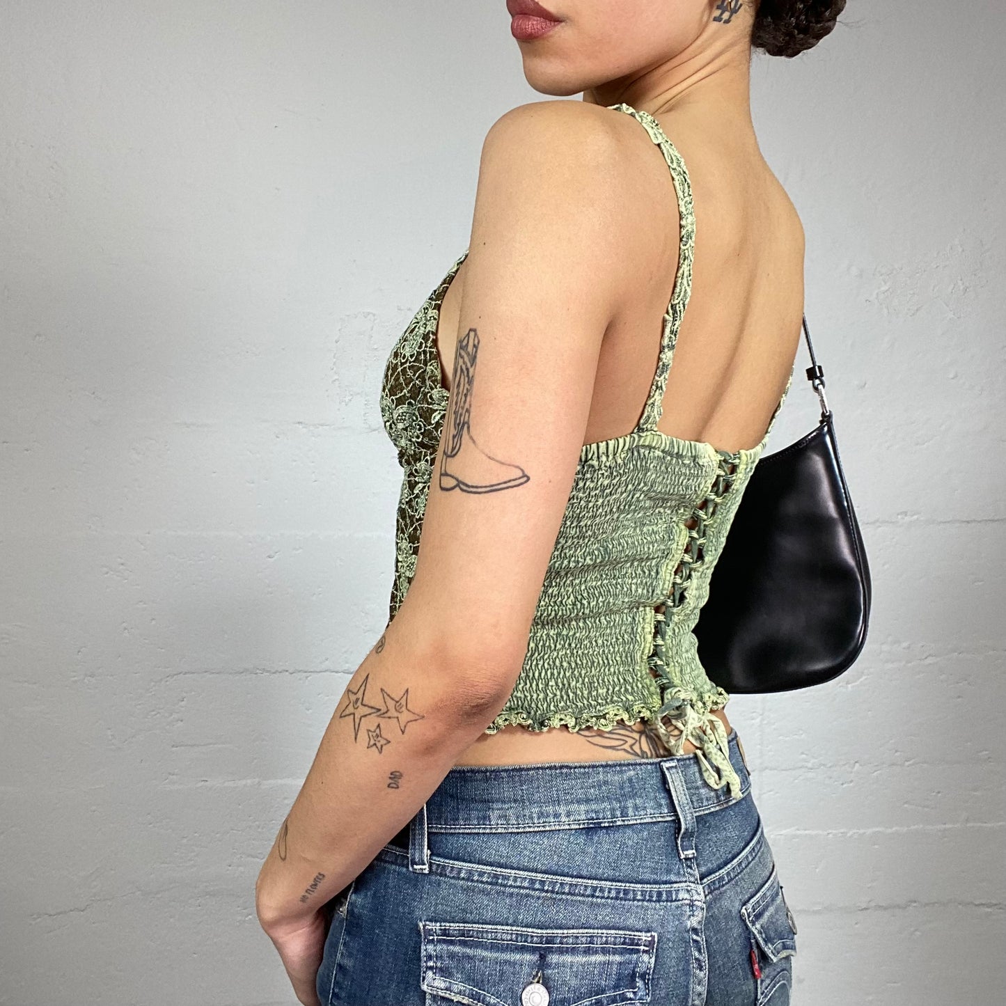 Vintage 2000's Indie Girl Green Corset Top with Floral Lace and Tie Detail (S)
