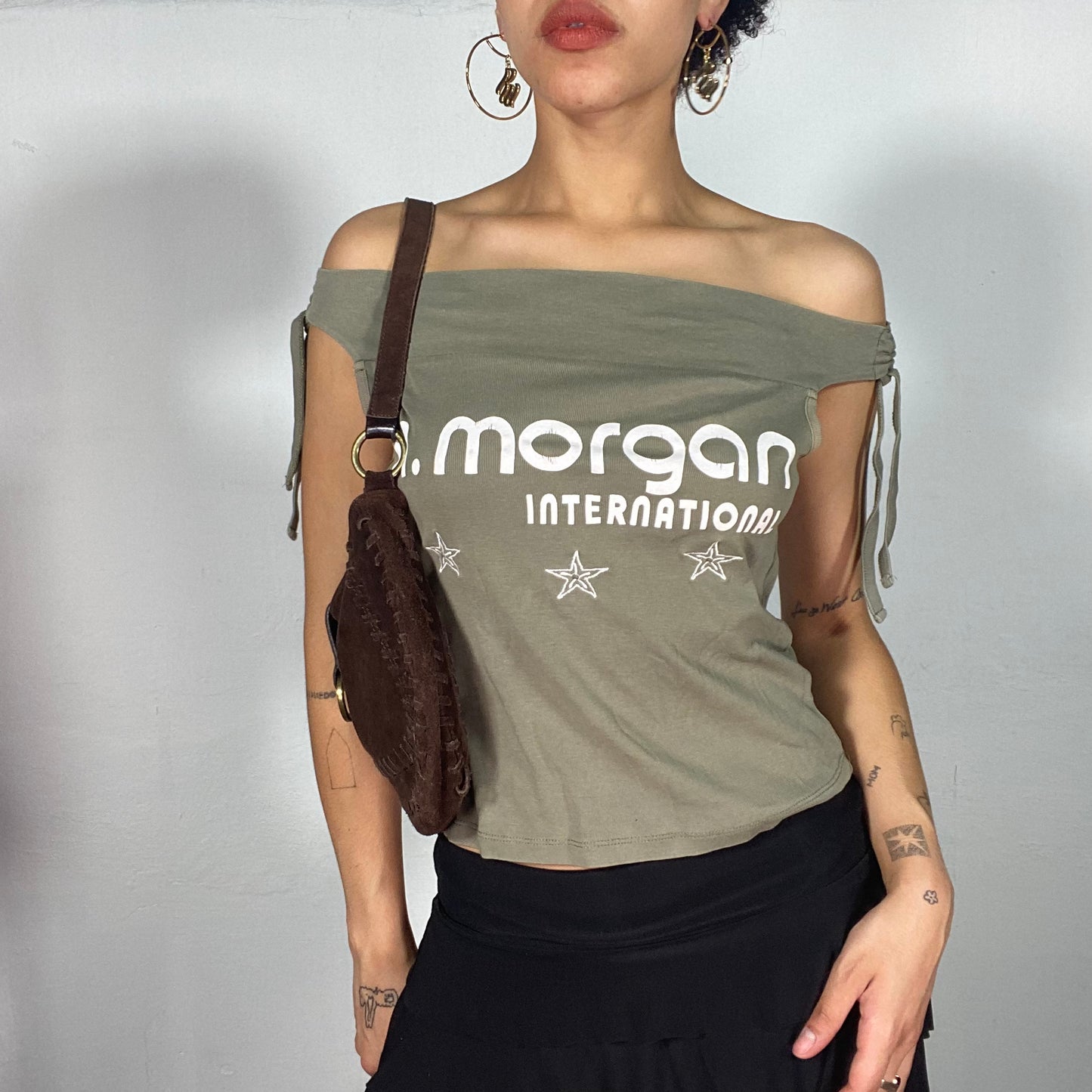 Vintage 2000's Skater Khaki Green Off Shoulder 'H.Morgan' Top (S)