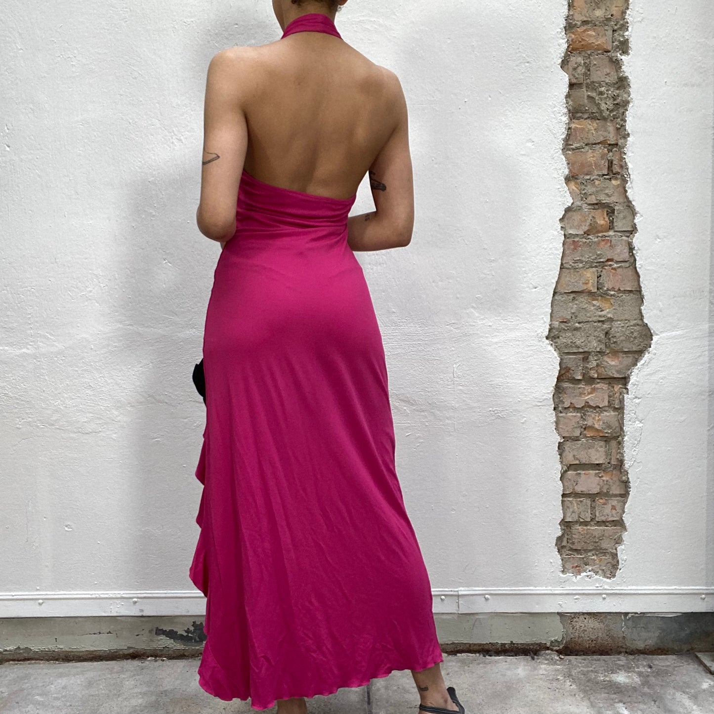 Vintage 2000's Festive Magenta Halter Neck Dress with Side Slit (S/M)