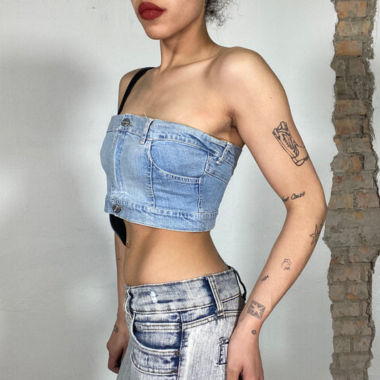 Vintage 2000's Clubwear Denim Light Wash Cropped Corset Top (S/M)