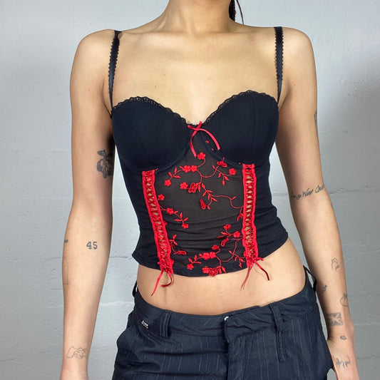 Vintage 2000's Babydoll Black Corset Top with See Through Panel and Red Floral Embroidery Detail (S)