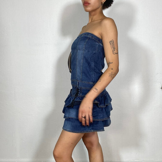 Vintage 2000's Sleaze Strapless Denim Dress with Lace Up Details (S/M)