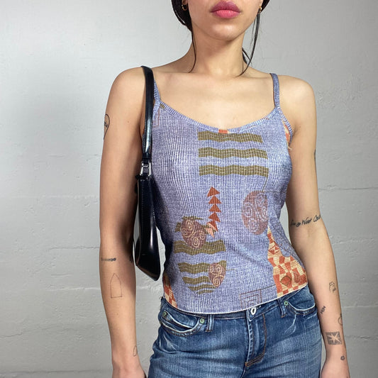 Vintage 2000's Boho Blue Maille Top with Ethnic Print (S)