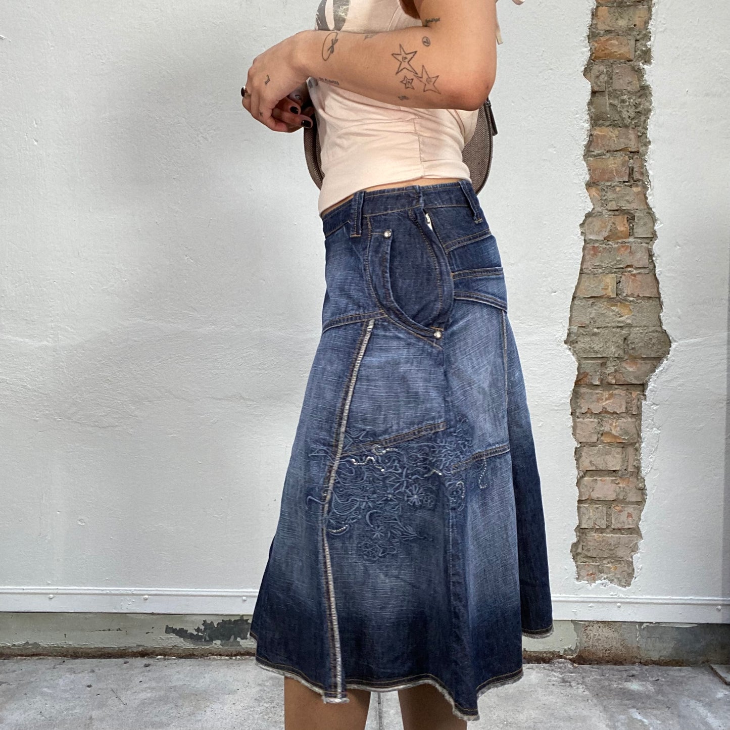 Vintage 90's Downtown Girl Deconstructed Denim Skirt with Side Embroidery Detail (S)