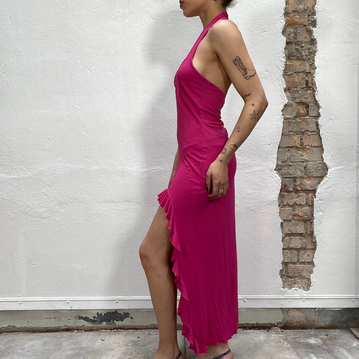 Vintage 2000's Festive Magenta Halter Neck Dress with Side Slit (S/M)