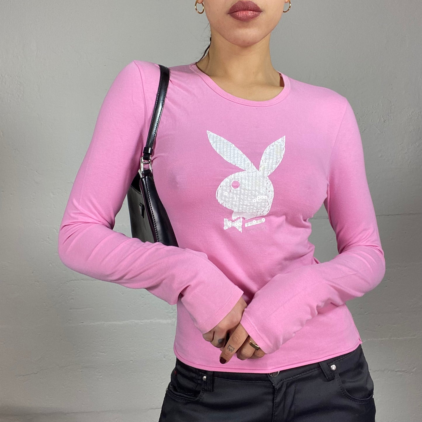 Vintage 90's Playboy Downtown Girl Pink Longsleeve Top with White Brand Bunny Print (XS/S)