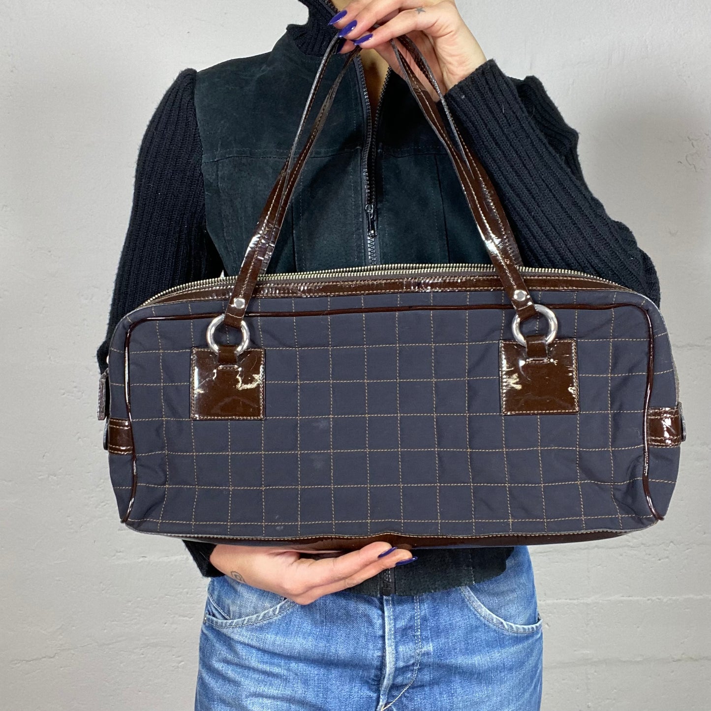 Vintage 2000's Moschino Classic Navy Maxi Squared Puffed Shoulder Bag