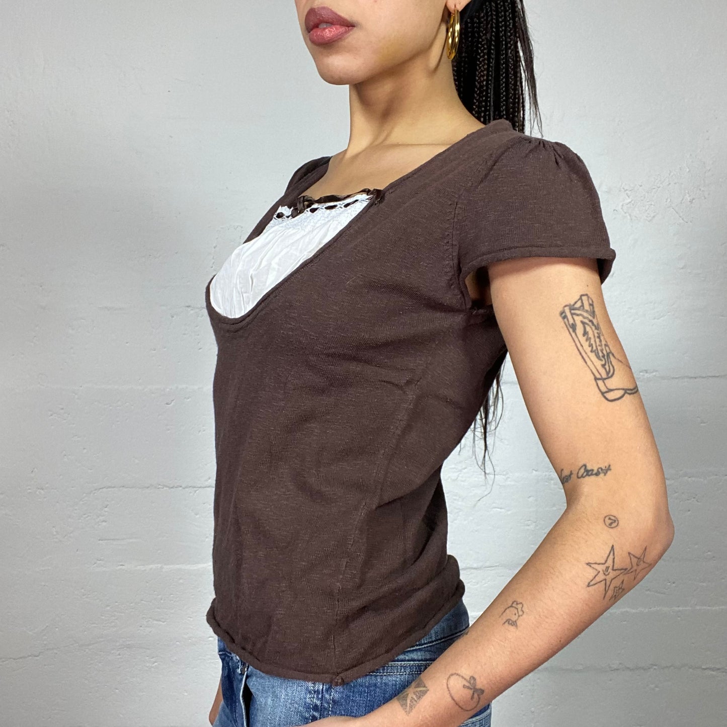 Vintage 90's Downtown Girl Brown Top with White Blouse Collar Detail (M)