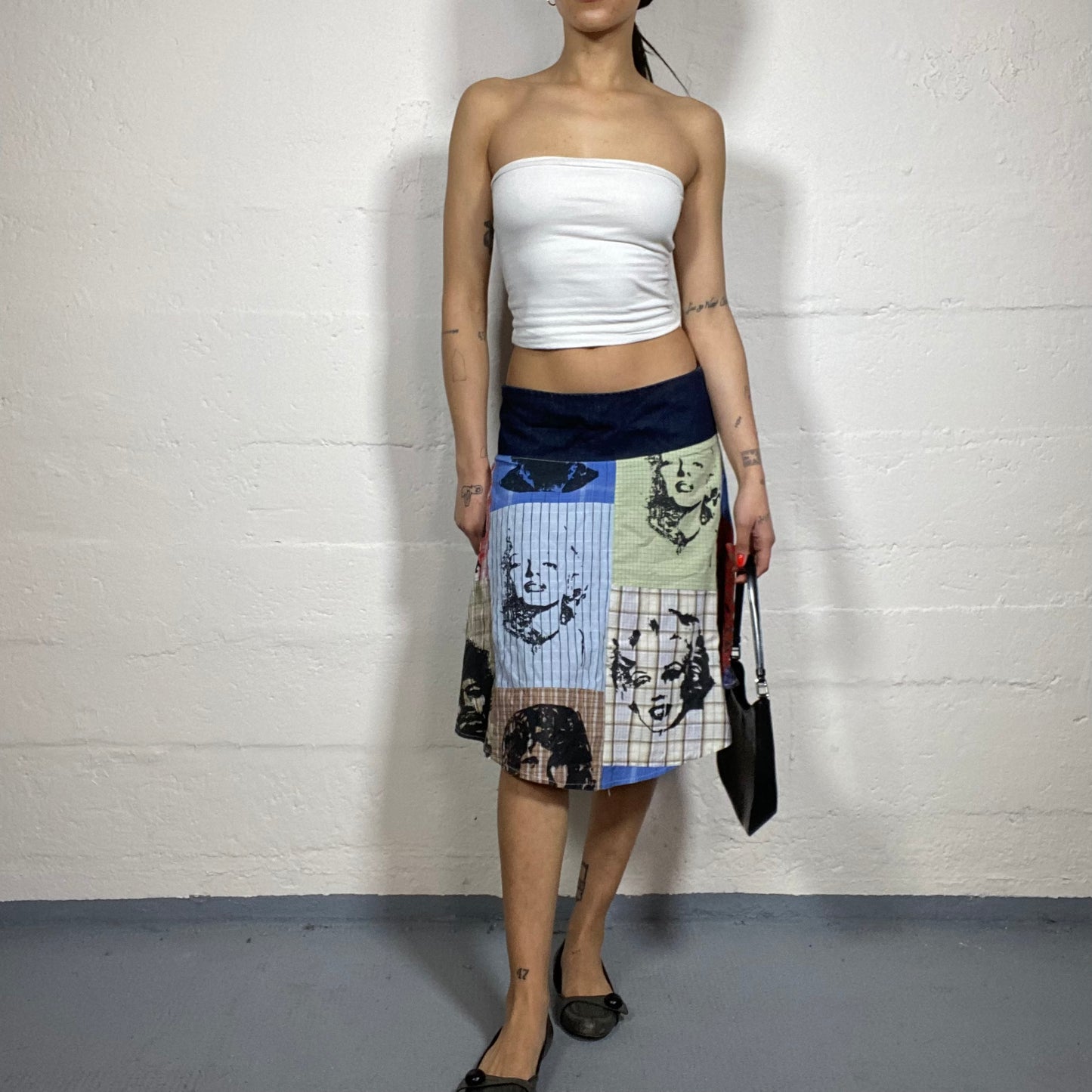 Vintage 2000's Boho Girl Black Asymmetric Cut Midi Skirt with Colourful Patches with Famous Portraits Print (M/L)