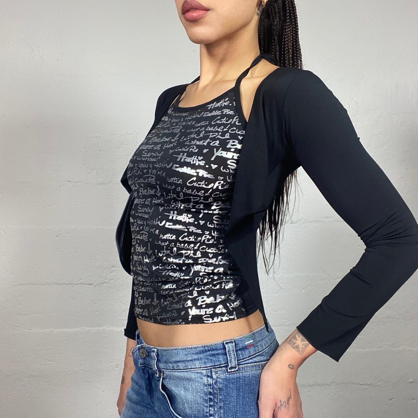 Vintage 2000's Clubwear Black Longsleeve Layered Top with Silver Typography Print (S)