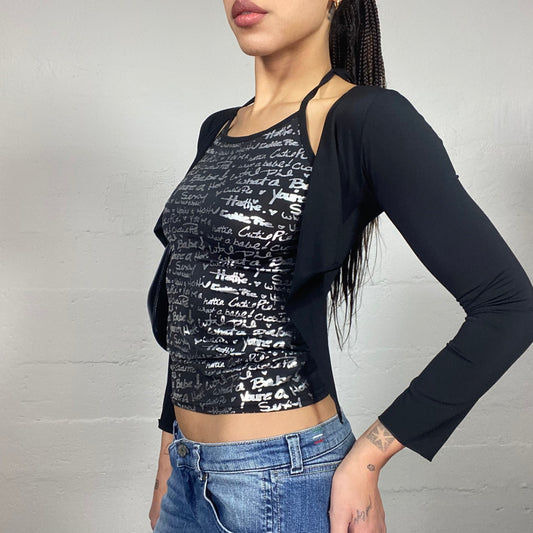 Vintage 2000's Clubwear Black Longsleeve Layered Top with Silver Typography Print (S)