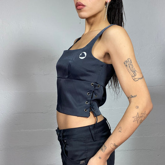 Vintage 2000's Morgan Black Top with Lateral Lace Up Detail and Logo Print (XS)